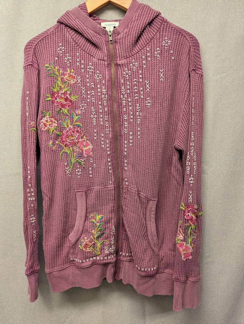 Sundance Catalog Jolene Mauve Floral Embroidered Waffle Zip Hoodie Size Medium